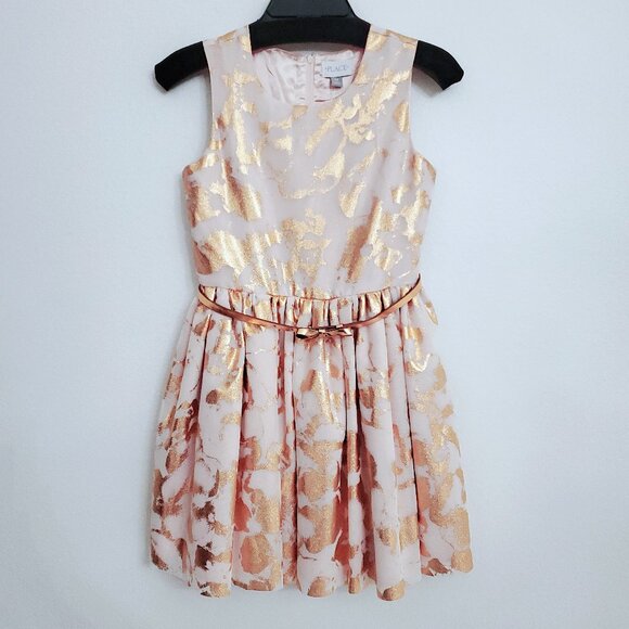 The Children's Place Rose Dust Metallic Blush Pink Girl's Belted Dress Size 14 - Picture 1 of 15